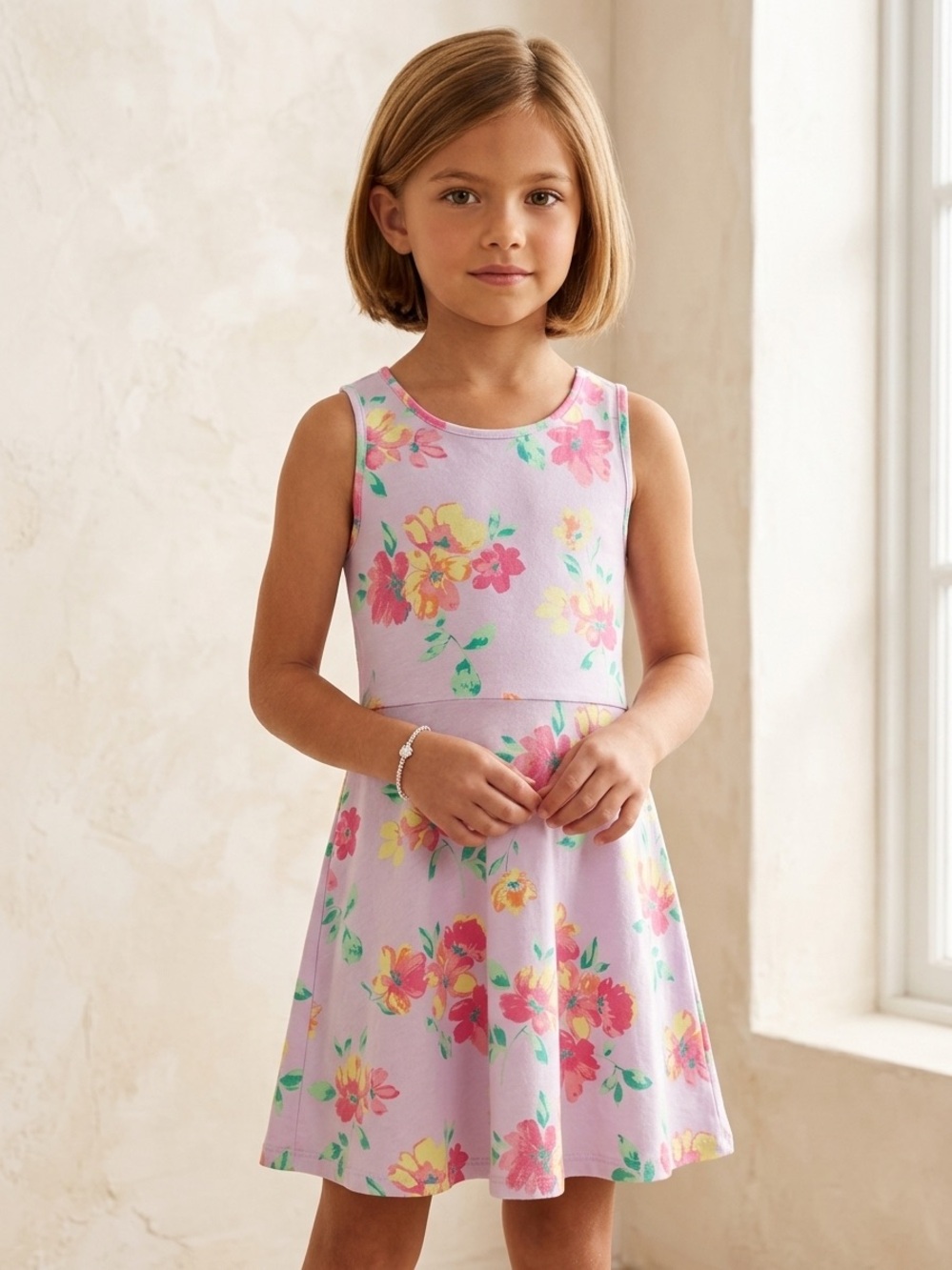 Girls' Pastel Lilac Floral Sleeveless Fit & Flare Dress